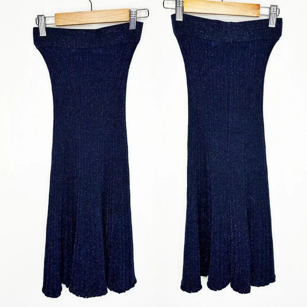 & Other Stories Glittery Pleated Rib Knit Midnight Navy Blue Sheer Midi Skirt XS